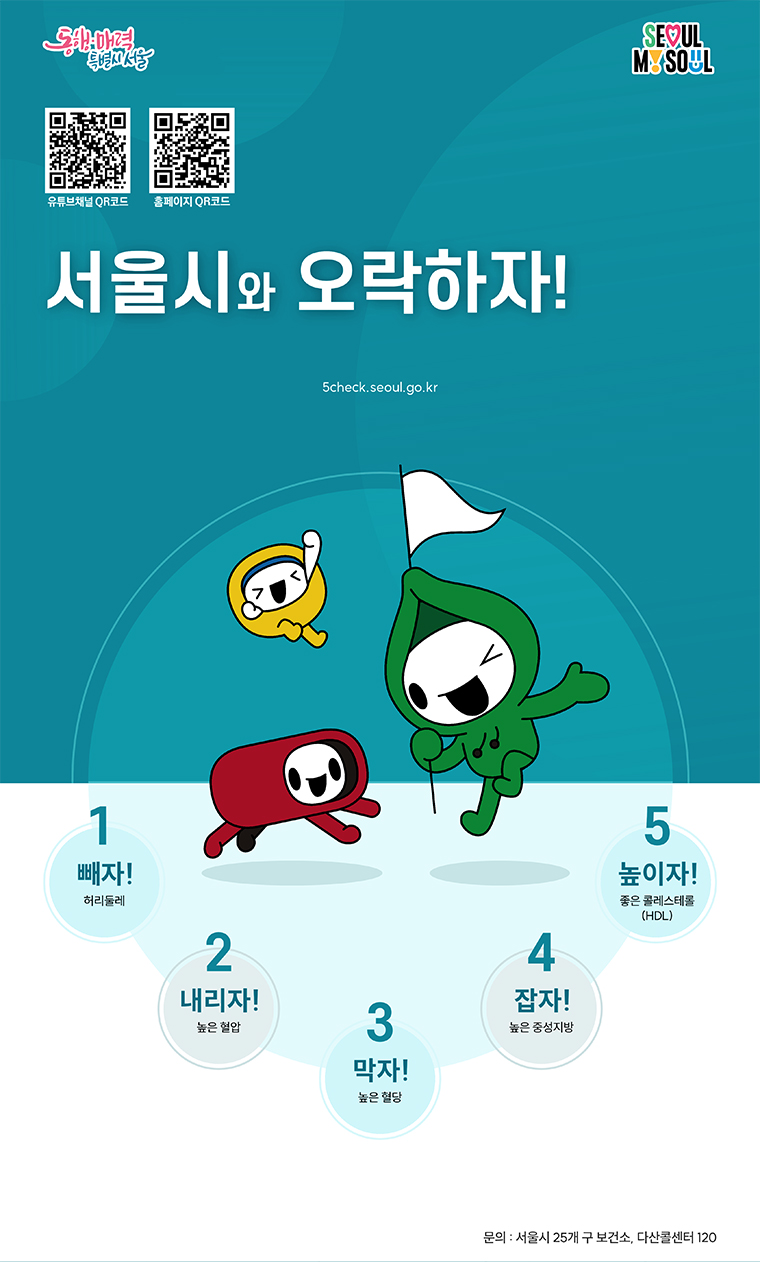 서울시와 오락하자 캠페인 안내. 허리둘레 감소, 혈압·혈당·중성지방 관리, 좋은 콜레스테롤 증가 실천 메시지와 보건소 문의 안내