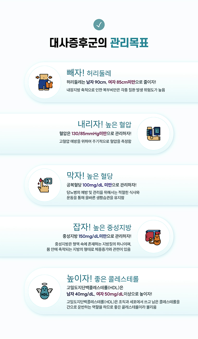대사증후군 관리목표 안내. 허리둘레, 혈압, 혈당, 중성지방, HDL 목표 수치 제시