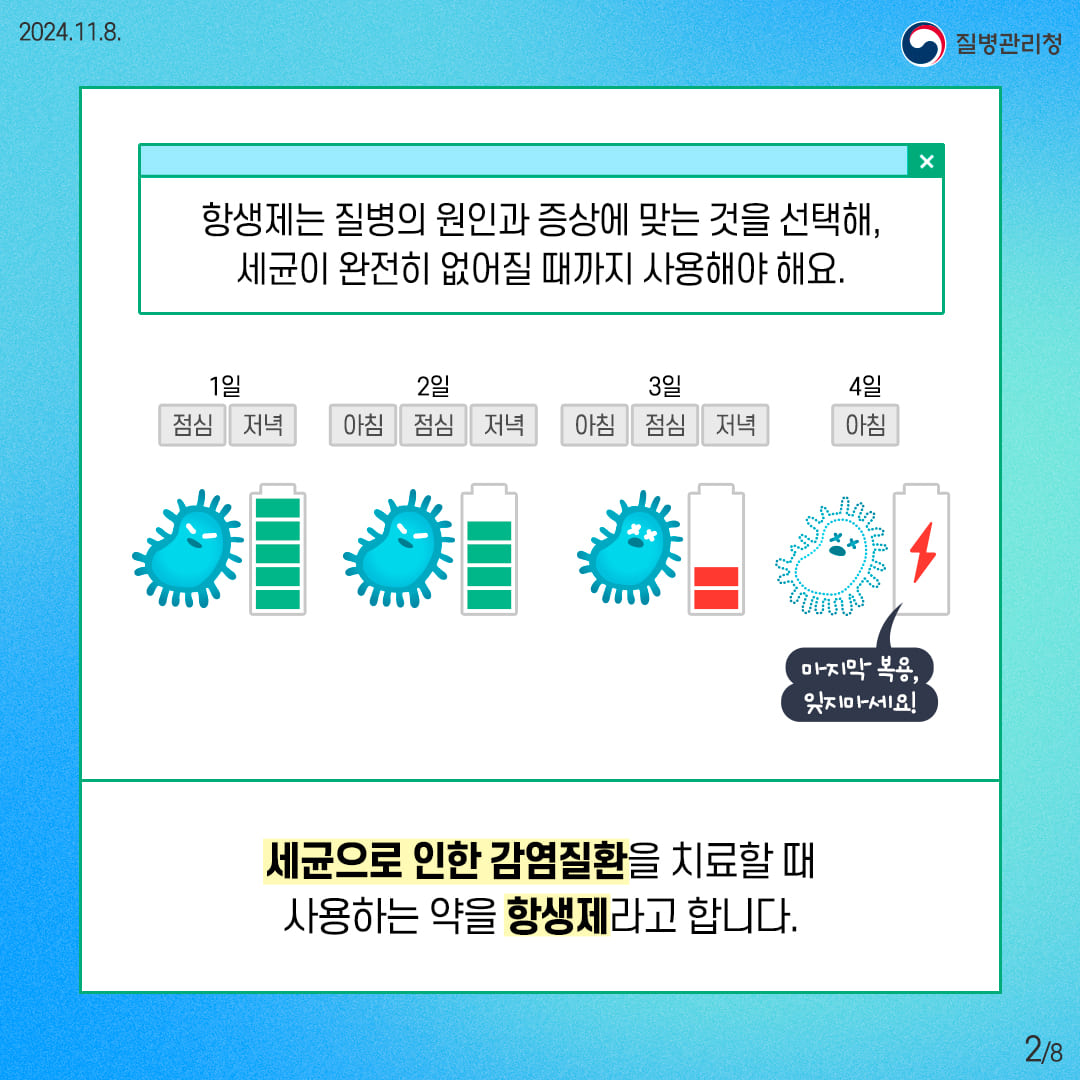 항생제는 질병의 원인과 증상에 맞는 것을 선택해, 세균이 완전히 없어질 때까지 사용해야 해요. 세균으로 인한 감염질환을 치료할 때 사용하는 약을 항생제라고 합니다.