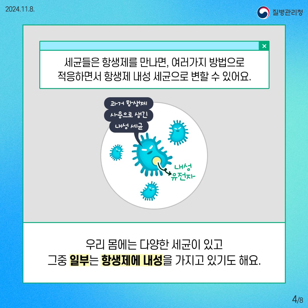 세균들은 항생제를 만나면, 여러가지 방법으로 적응하면서 항생제 내성 세균으로 변할 수 있어요. 과거항생제 사용으로 생긴 내성 세균 우리 몸에는 다양한 세균이 있고 그중 일부는 항생제에 내성을 가지고 있기도 해요.