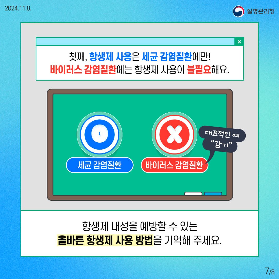 첫째, 항생제 사용은 세균 감염질환에만! 바이러스 감염질환에는 항생제 사용이 불필요해요. 항생제 내성을 예방할 수 있는 올바른 항생제 사용 방법을 기억해 주세요.